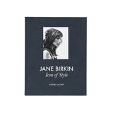 Book titled 'Jane Birkin: Icon of Style' with a black cover and white text on a white background