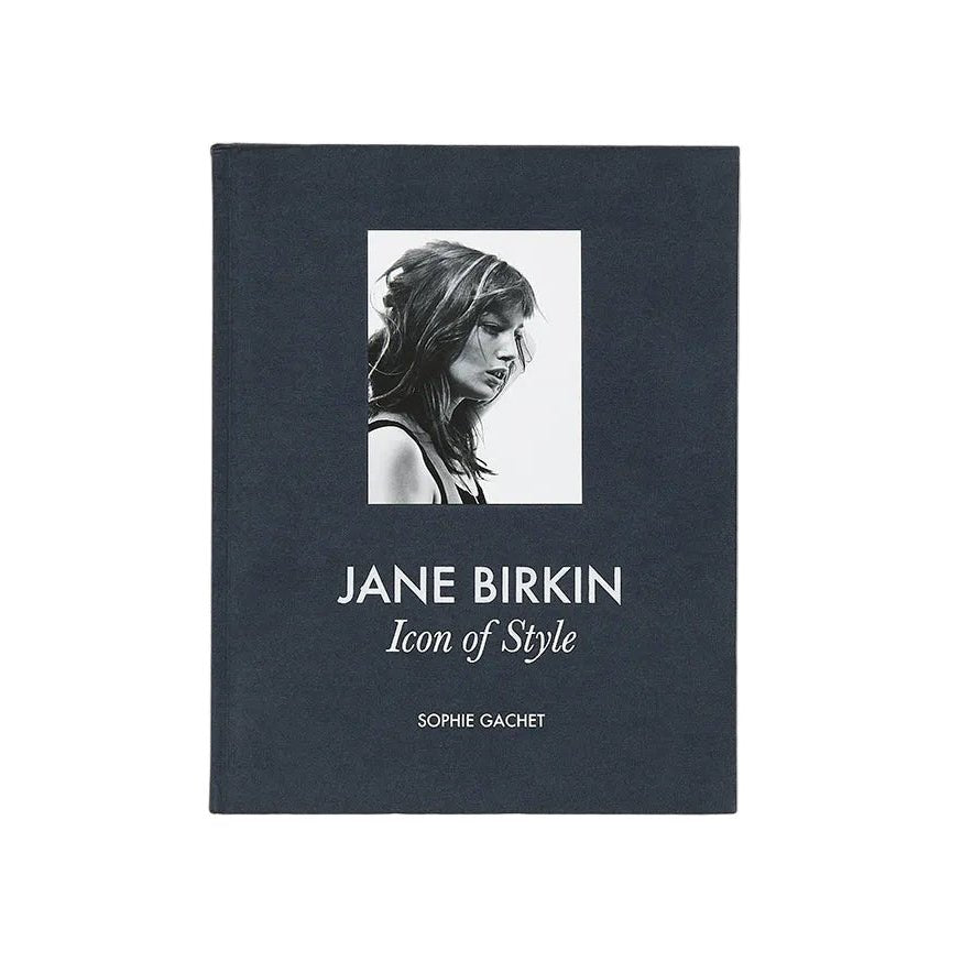 Book titled 'Jane Birkin: Icon of Style' with a black cover and white text on a white background
