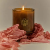 Flamingo Estate Jasmine Damask Rose candle in a forest-green glass vessel surrounded by soft pink rose petals