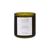 A green glass candle jar with a white label reads Flamingo Estate, Night Blooming Jasmine & Damask Rose Candle, 8.0 oz, 226 g. The unlit candle sits on a white background, ready to fill your space with its floral fragrance.