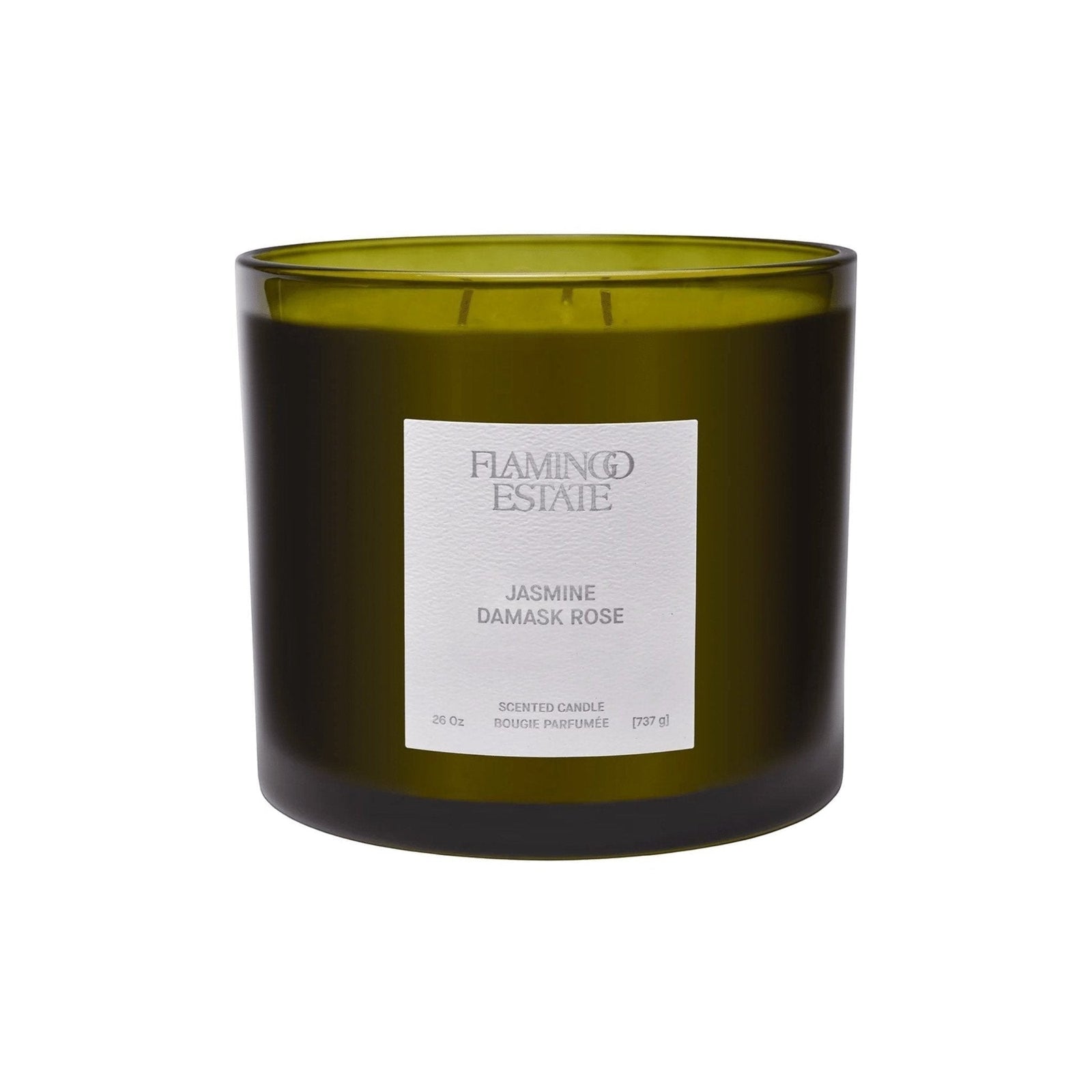 Flamingo Estate Jasmine Damask Rose XL three-wick scented candle in a green glass vessel.