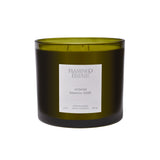 Flamingo Estate Jasmine Damask Rose XL three-wick candle in a large forest-green glass vessel with a white label, on a white background.