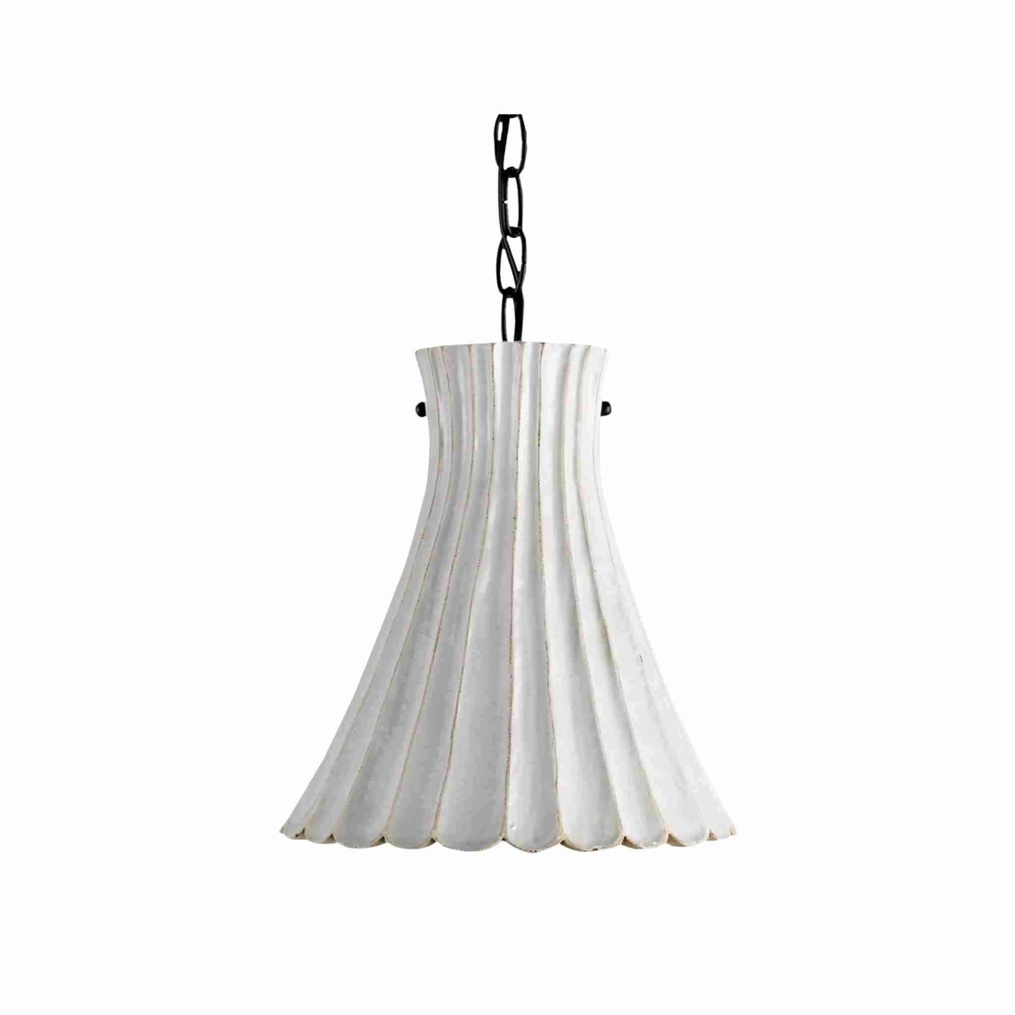 Jazz white pendant light with scalloped ceramic shade and black chain
