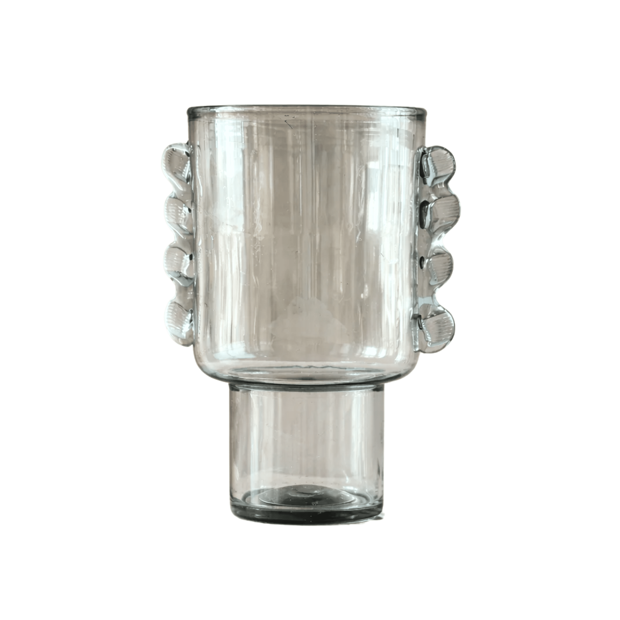 MESO July mouth-blown recycled clear glass vessel, 10" diameter × 15" tall, white background