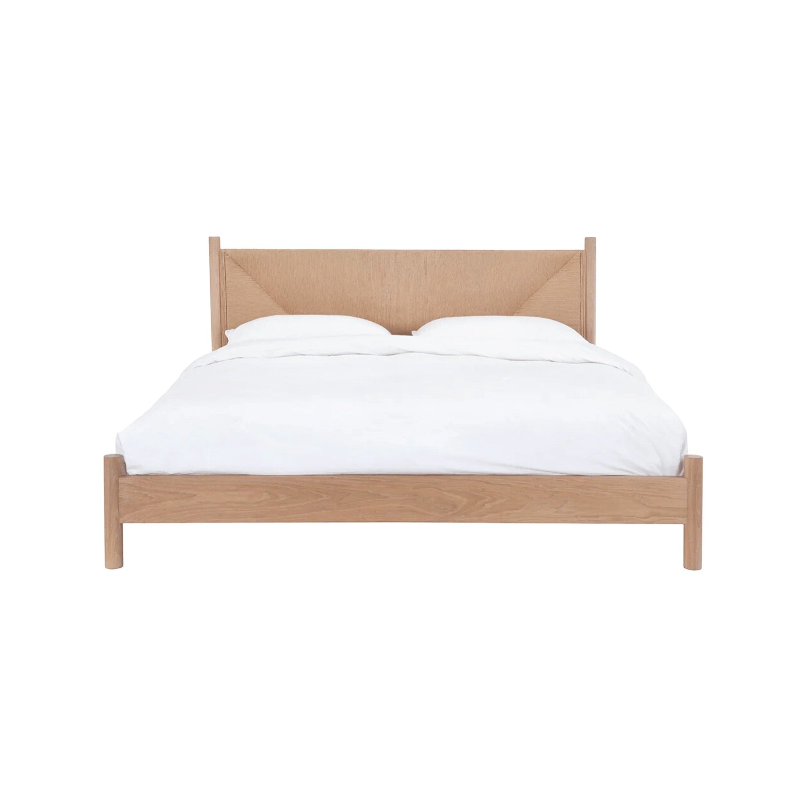 Calimia Home Kelma Bed in natural oak with a hand-woven paper cord headboard and minimalist wooden frame