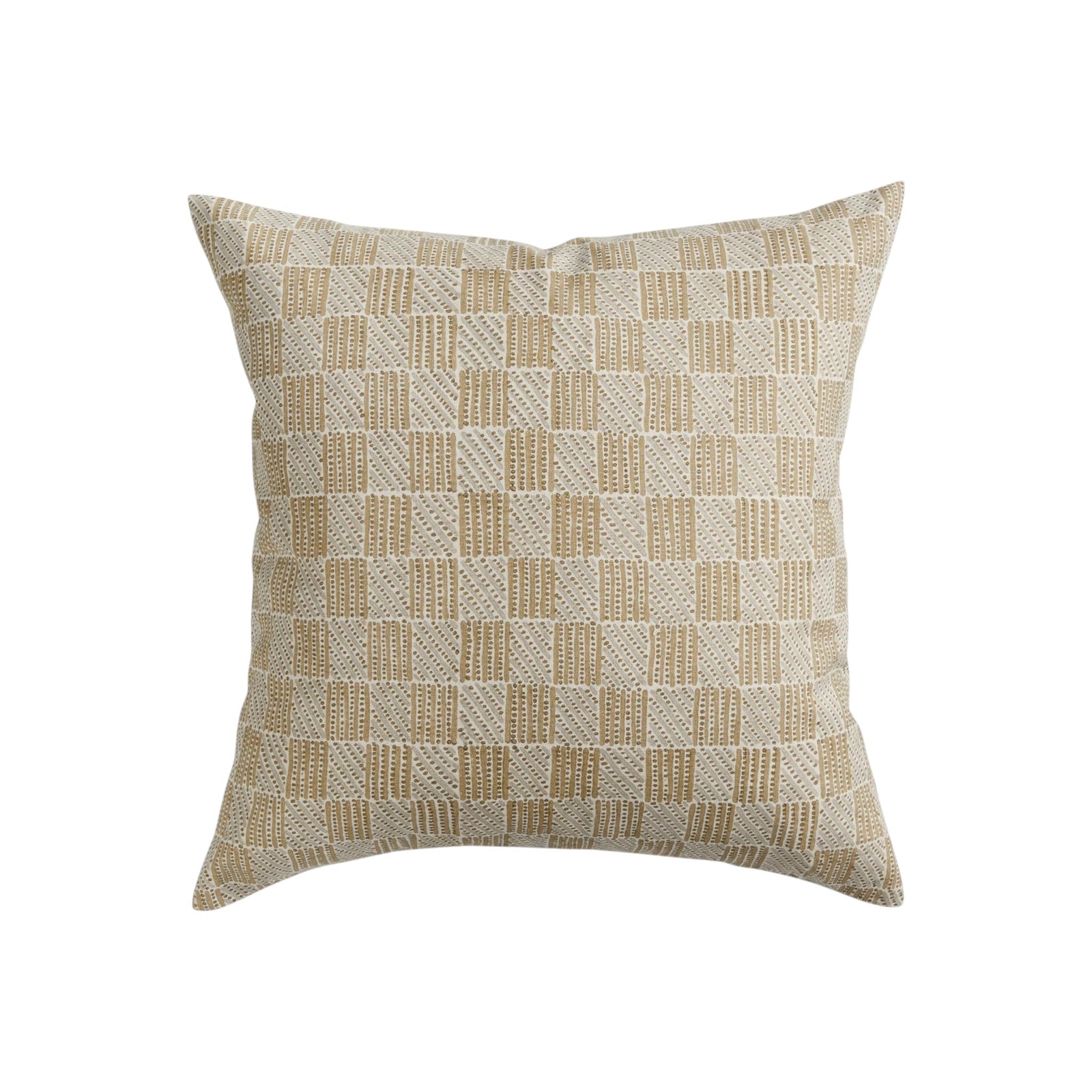 Walter G Kumasi Elm square linen pillow featuring a beige and white hand block printed grid pattern.