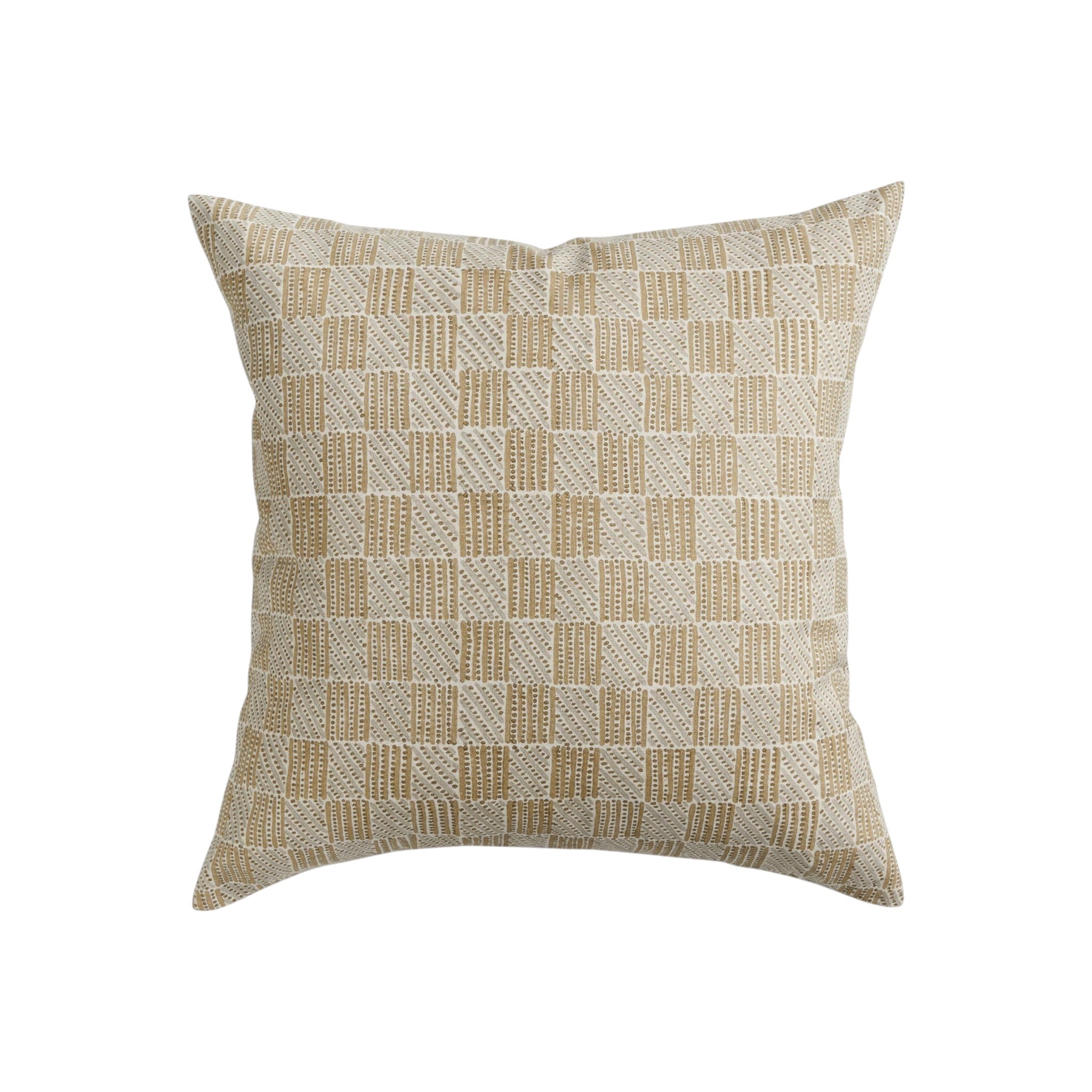 Walter G Kumasi Elm square linen pillow featuring a beige and white hand block printed grid pattern.