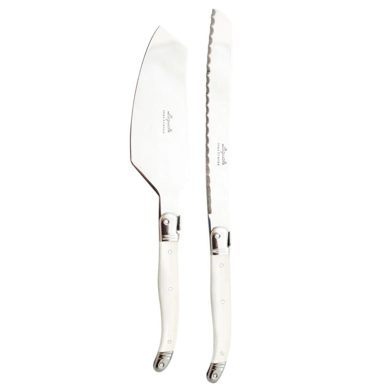 Calimia Home Laguiole ivory cake slicer and serrated bread knife set with stainless steel blades and iconic bee motif