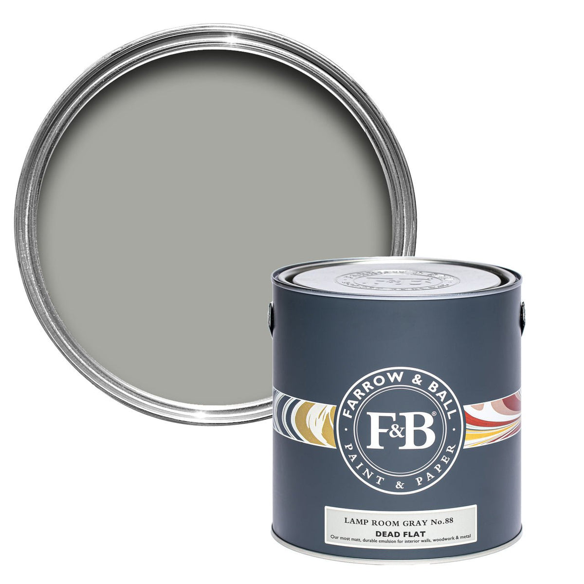 Farrow & Ball Lamp Room Gray No.88 paint tin and color swatch