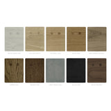 Calimia Home wood finish samples including white wash oak, natural oak, weathered walnut, and black oak textures.