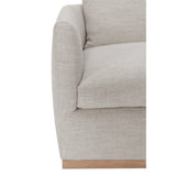 Calimia Home Landis left facing sectional sofa in haze Belgian linen with a wooden base and seamless bench cushion