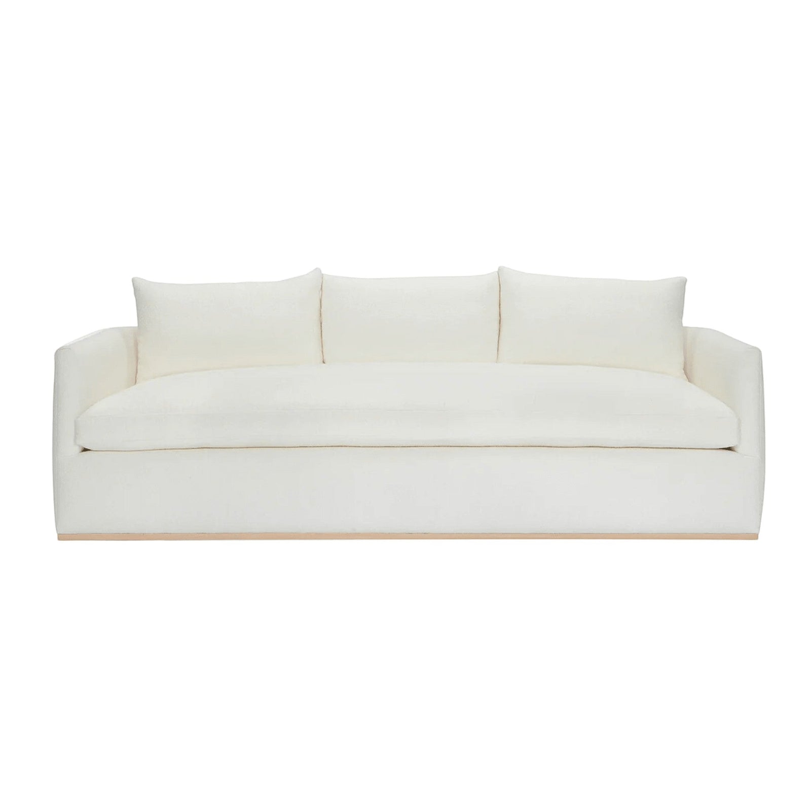 Calimia Home Landis sofa in nubby oyster Belgian linen with track arms and a natural oak base, front view.