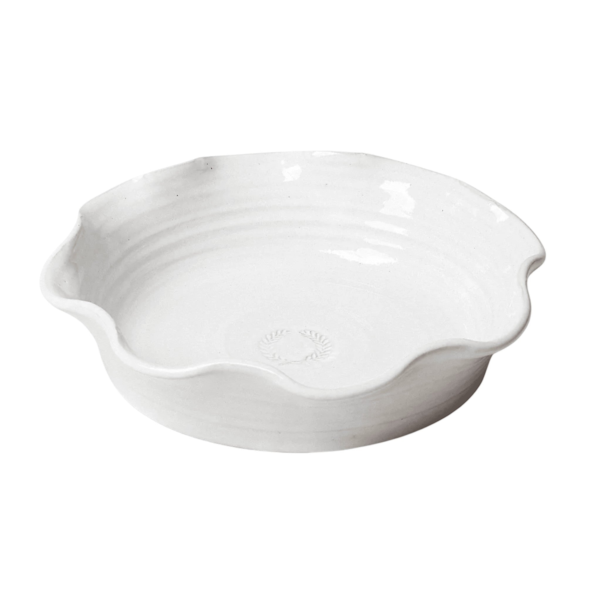 Farmhouse Pottery Laurel Pie Dish with hand-scalloped rim in stoneware
