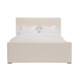 Calimia Home Layden Bed upholstered in cream Belgian linen with a tufted headboard and oak base