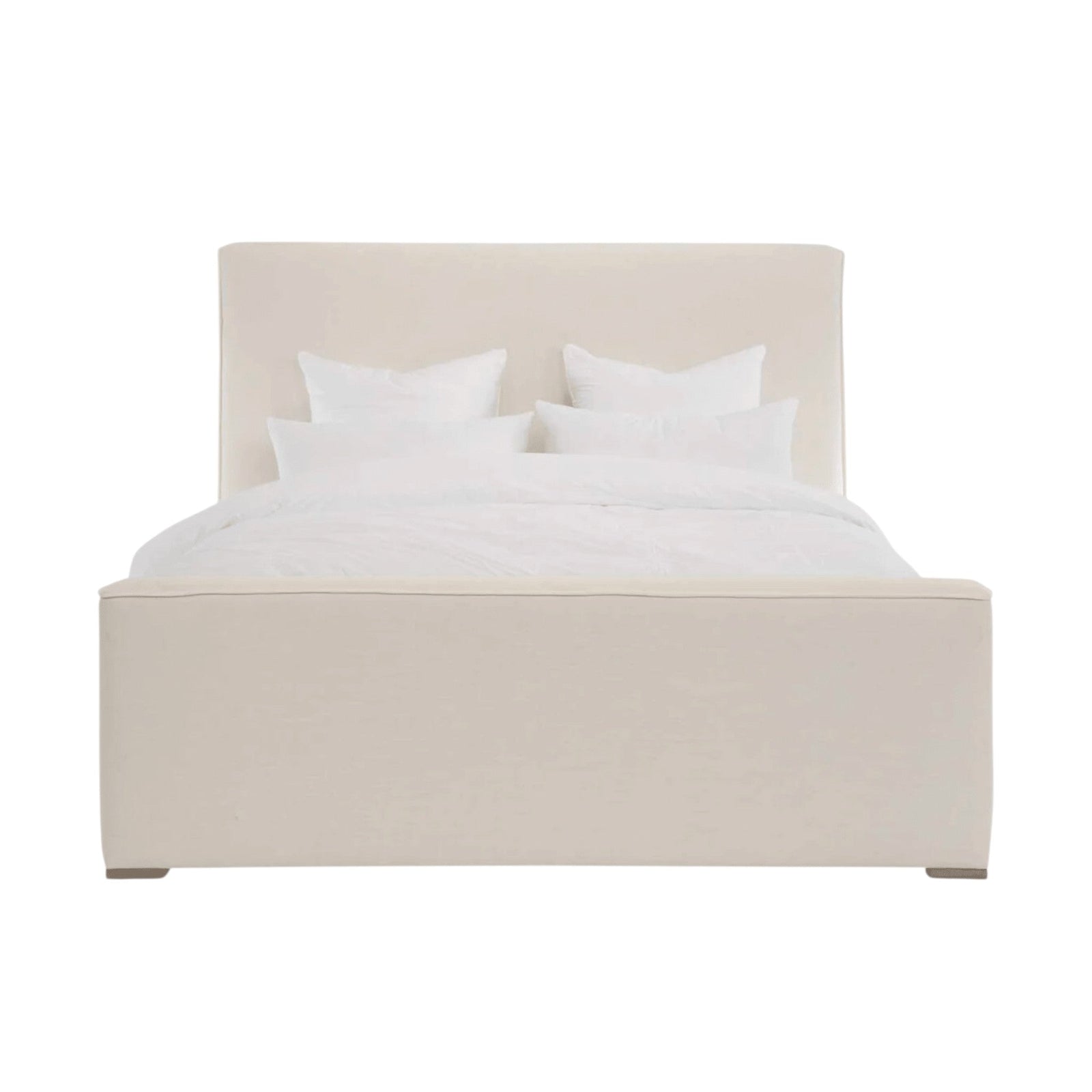 Calimia Home Layden Bed upholstered in cream Belgian linen with a tufted headboard and oak base