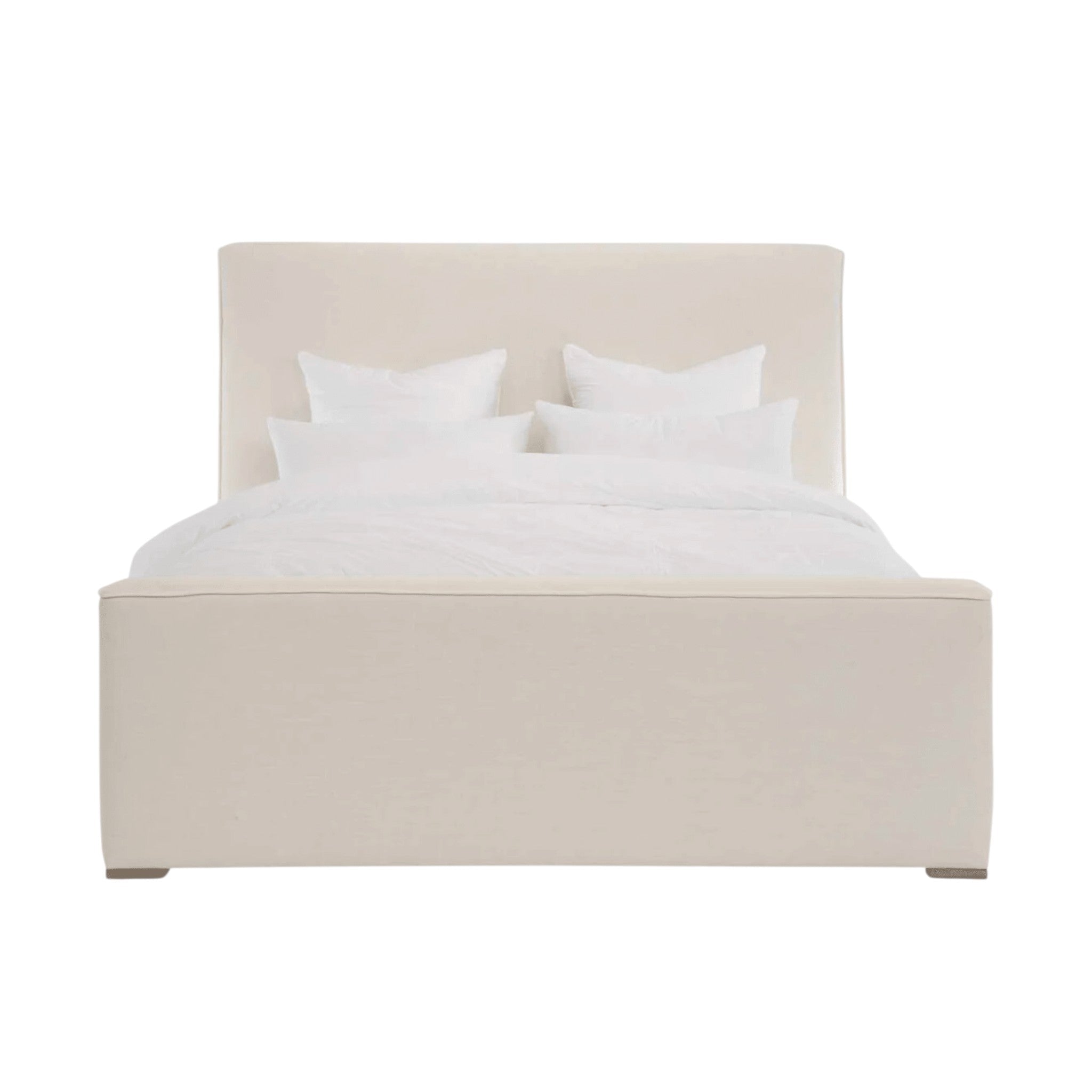 Calimia Home Layden Bed upholstered in cream Belgian linen with a tufted headboard and oak base