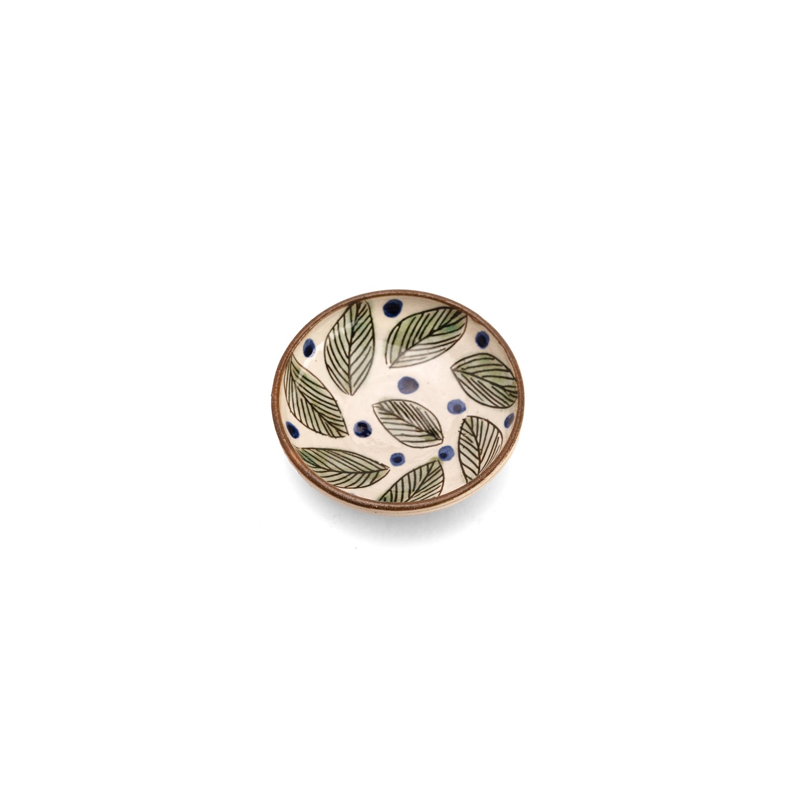 Small ceramic plate with leaf pattern on a white background