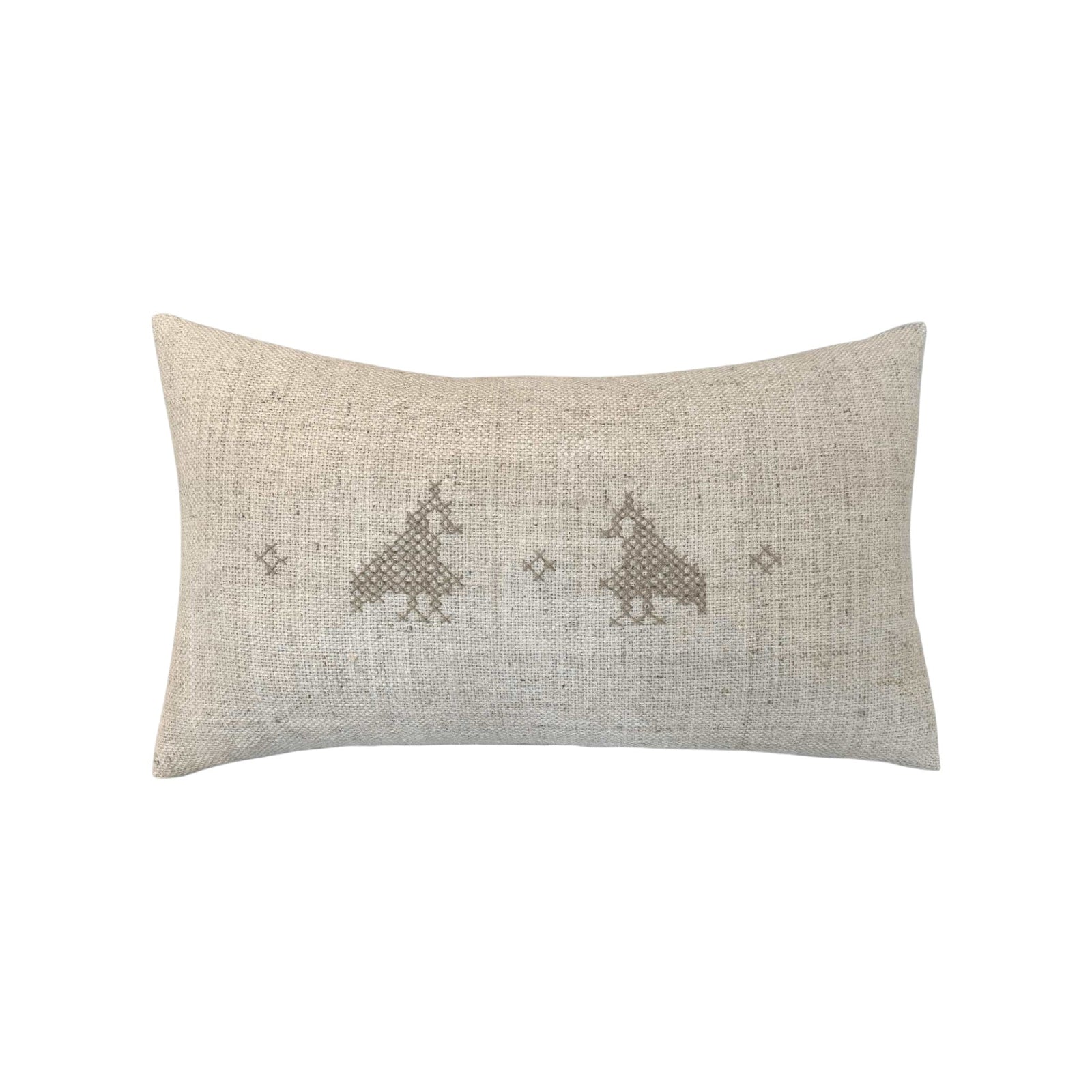 Lina Lumbar Pillow by One Bi One — oatmeal Belgian linen with beige wool hand embroidery, handcrafted in Gothenburg, Sweden