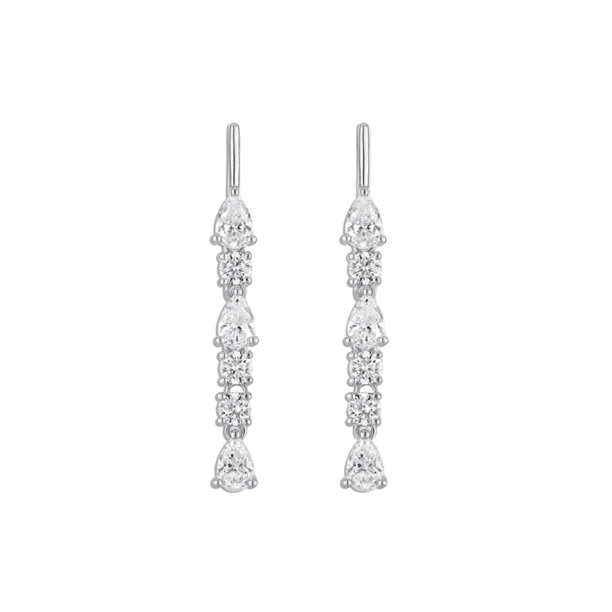 Pair of silver earrings with clear gemstones in a linear drop on a white background