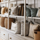 Reverse and detail view of the Linea Ivory and Chocolate Lumbar Pillow, showing the hidden zipper closure and linen texture