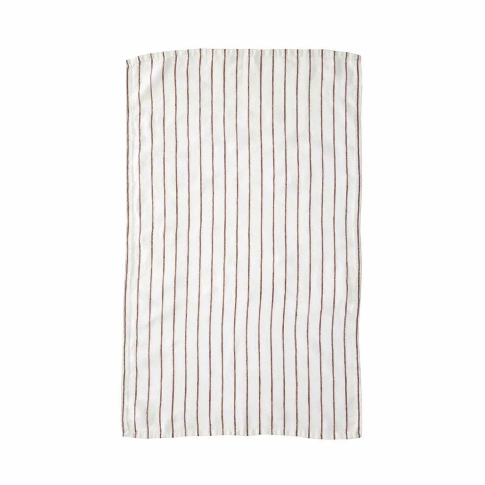 Sir Madam linen Belmont tea towel in earth featuring subtle brown vertical stripes on a cream background.