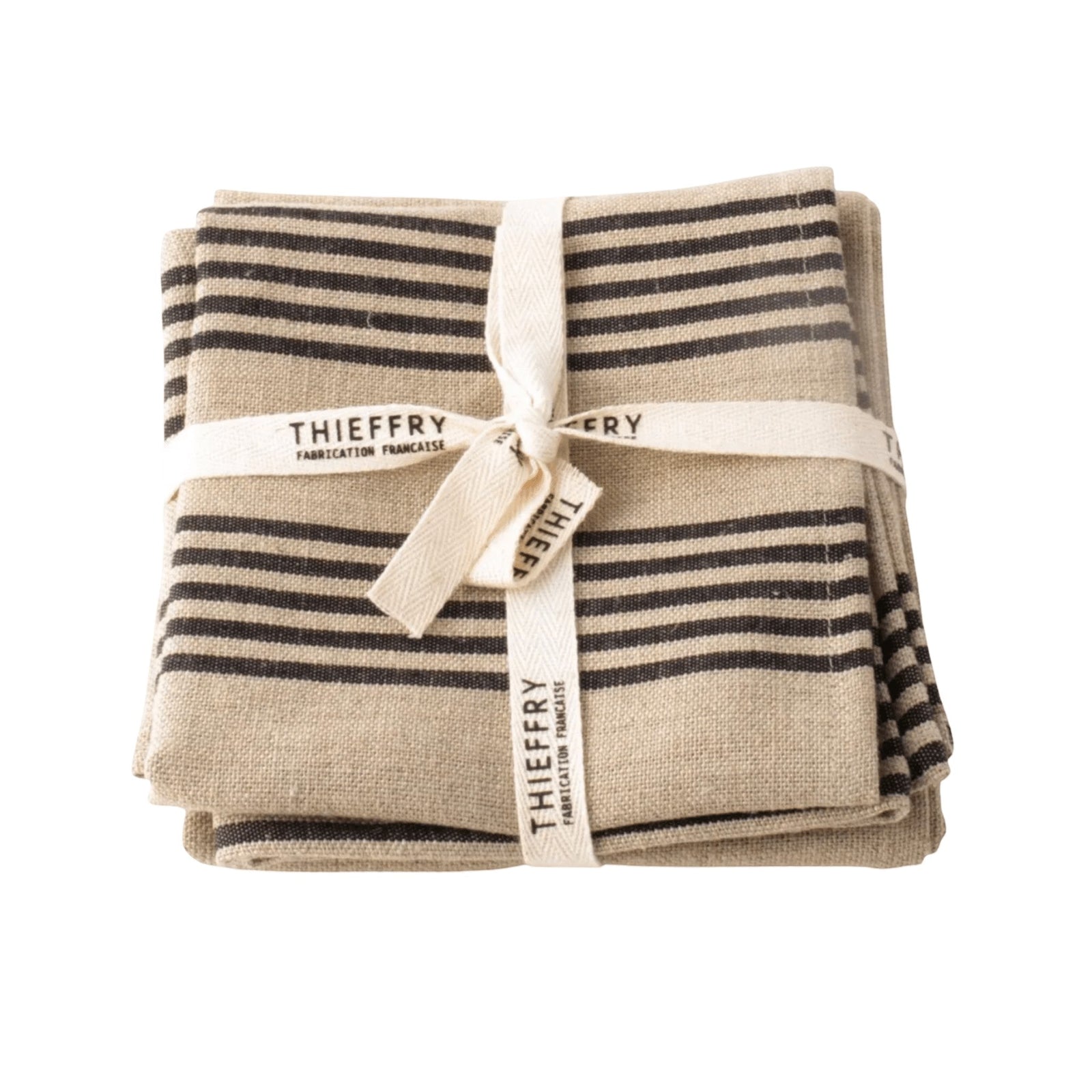 Be Home set of two Belgian linen dish towels in natural beige with black stripes tied with a branded ribbon