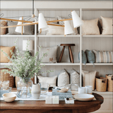 A styled home decor showroom interior with white shelving holding neutral-toned pillows, baskets, and accessories, plus a round wooden table in the foreground with a glass vase of greenery, ceramic bowls, books, and small boxes.