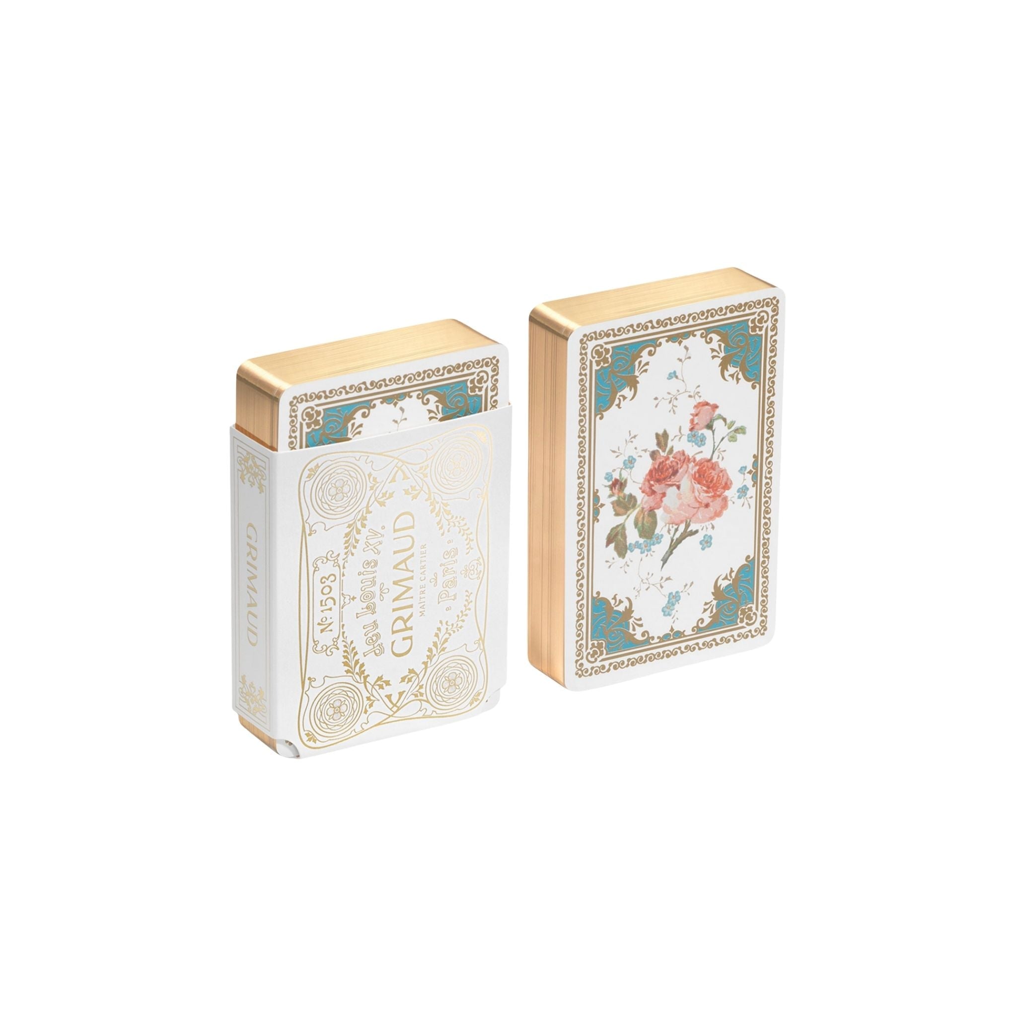 Close-up gold gilded edges Grimaud playing cards, premium casino-grade paper with smooth varnish finish