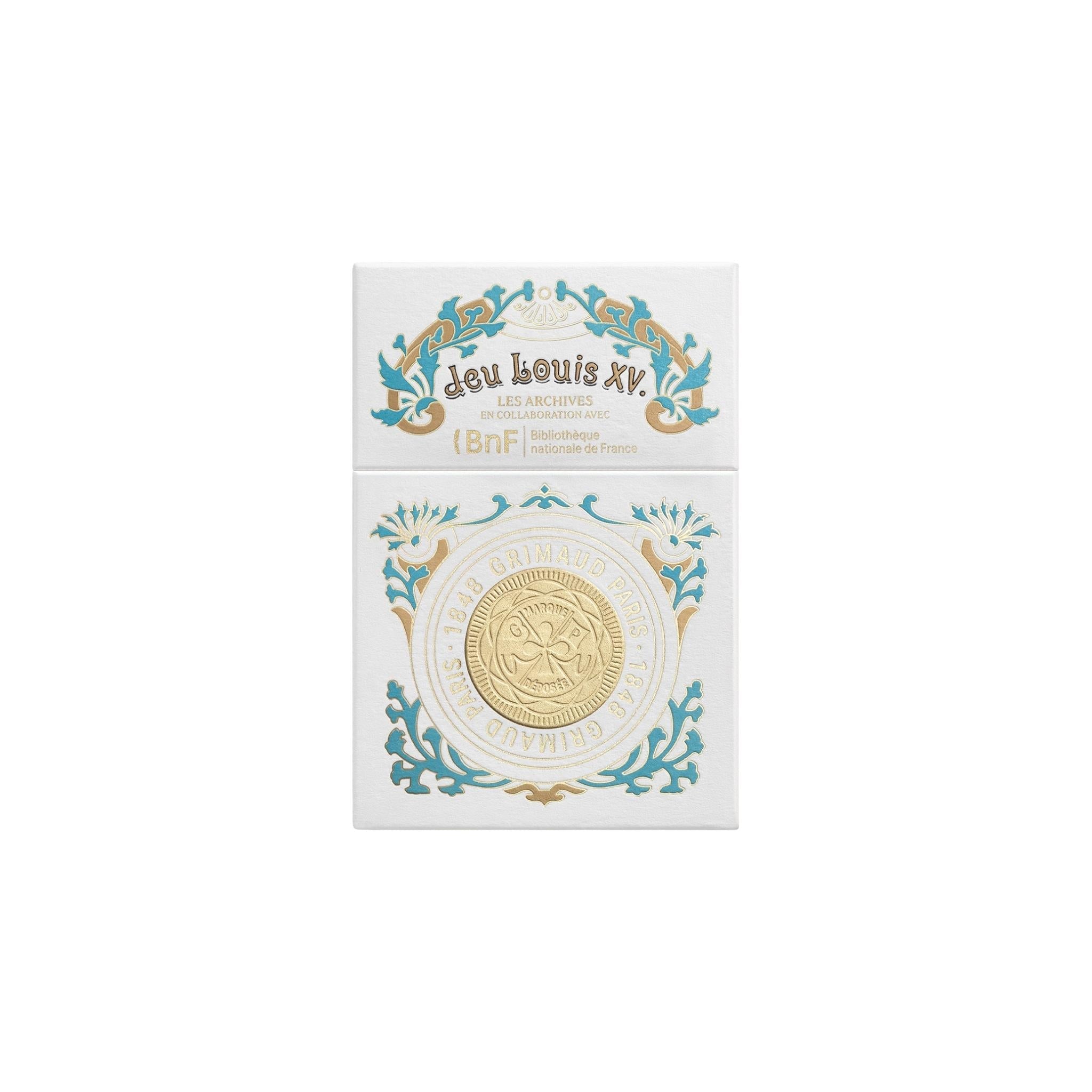 Grimaud Louis XV dolphin blue playing cards luxury box, Art Nouveau style packaging with gold detailing, French collectible card deck