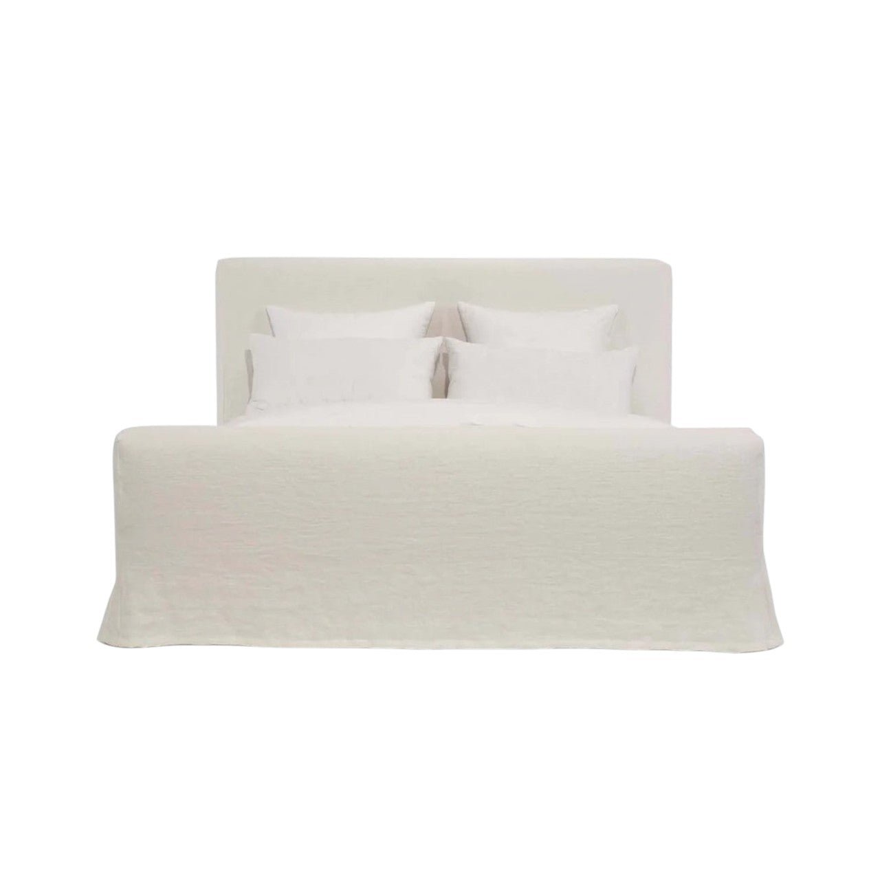 Calimia Home Mara Bed in off-white fabric with a fully slipcovered frame and tailored relaxed aesthetic