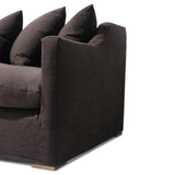 Calimia Home Marie Slope Sofa in dark brown Belgian linen with sloped arms and a plush bench seat cushion.