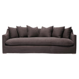 Calimia Home Marie Slope Sofa in dark brown Belgian linen with sloped arms and a plush bench seat cushion.