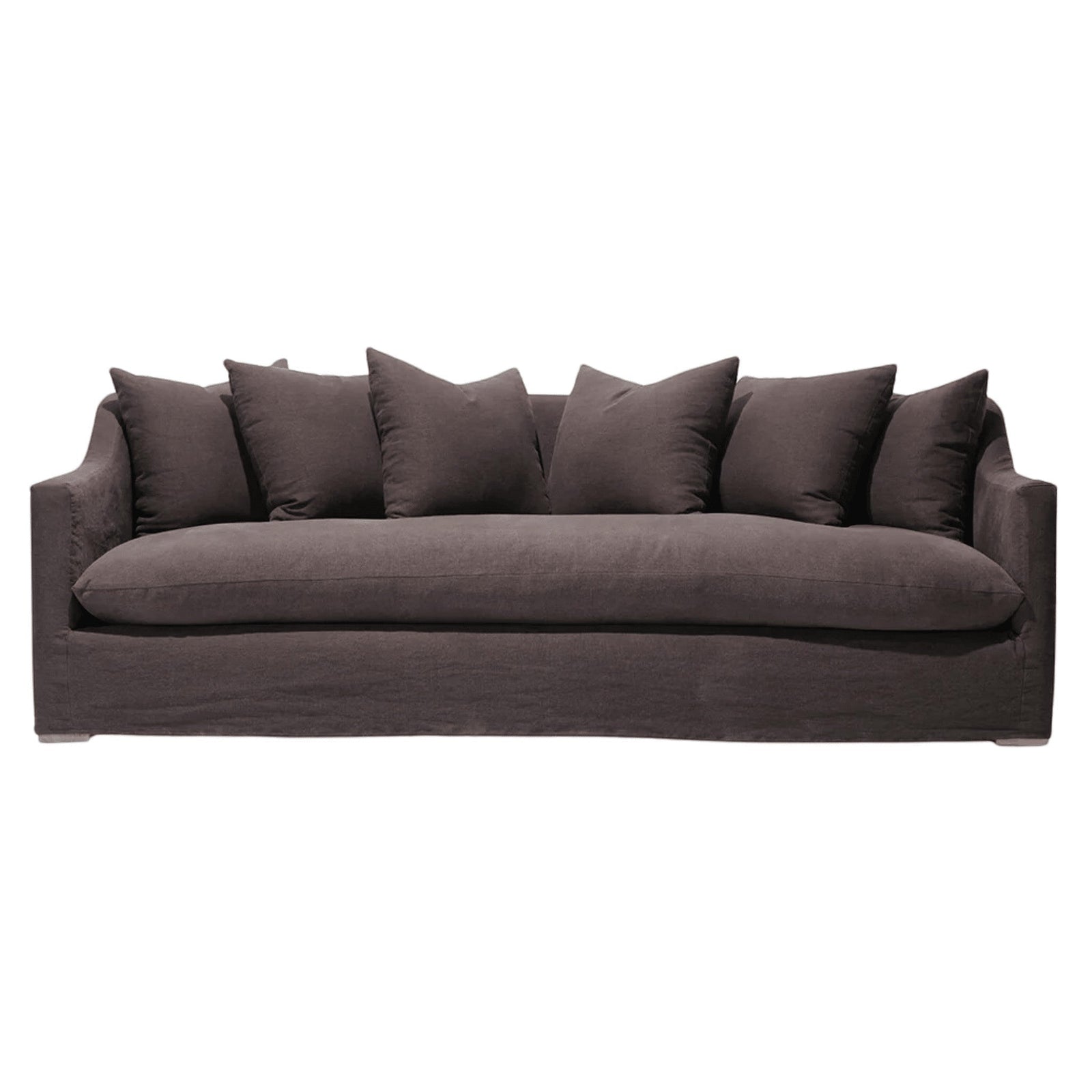 Calimia Home Marie Slope Sofa in dark brown Belgian linen with sloped arms and a plush bench seat cushion.