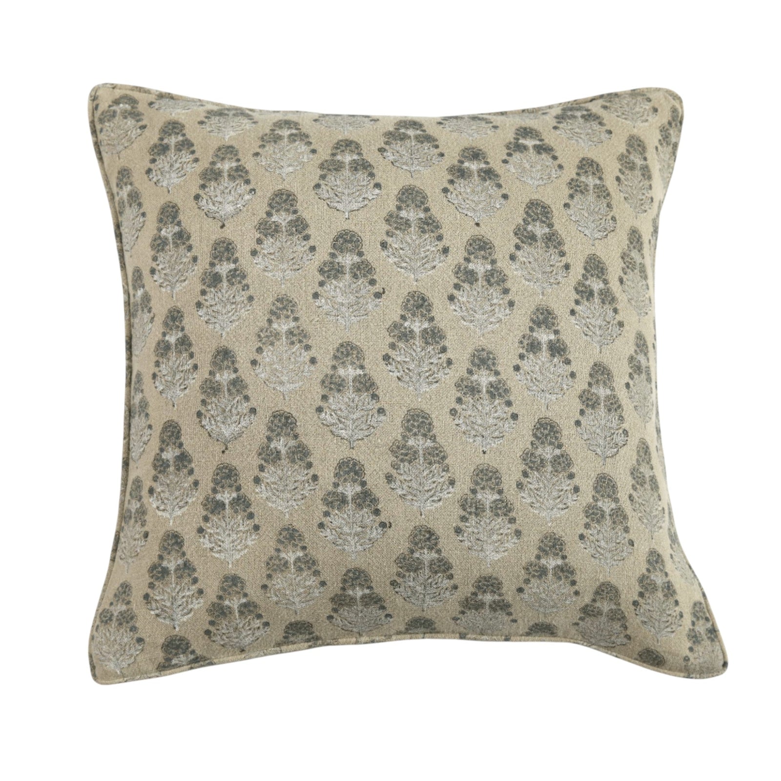Calimia Home Marigold Graphite pillow in natural linen with a hand-block-printed floral motif in deep grey