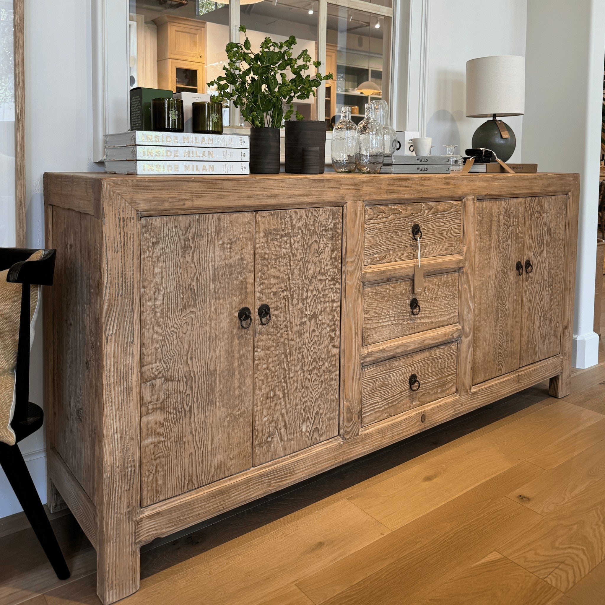 Calimia Home Marlowe buffet in reclaimed natural pine with four doors, three drawers, and black metal ring pulls.
