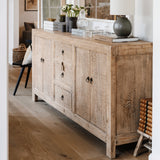 Calimia Home Marlowe buffet in reclaimed natural pine with four doors, three drawers, and black metal ring pulls.