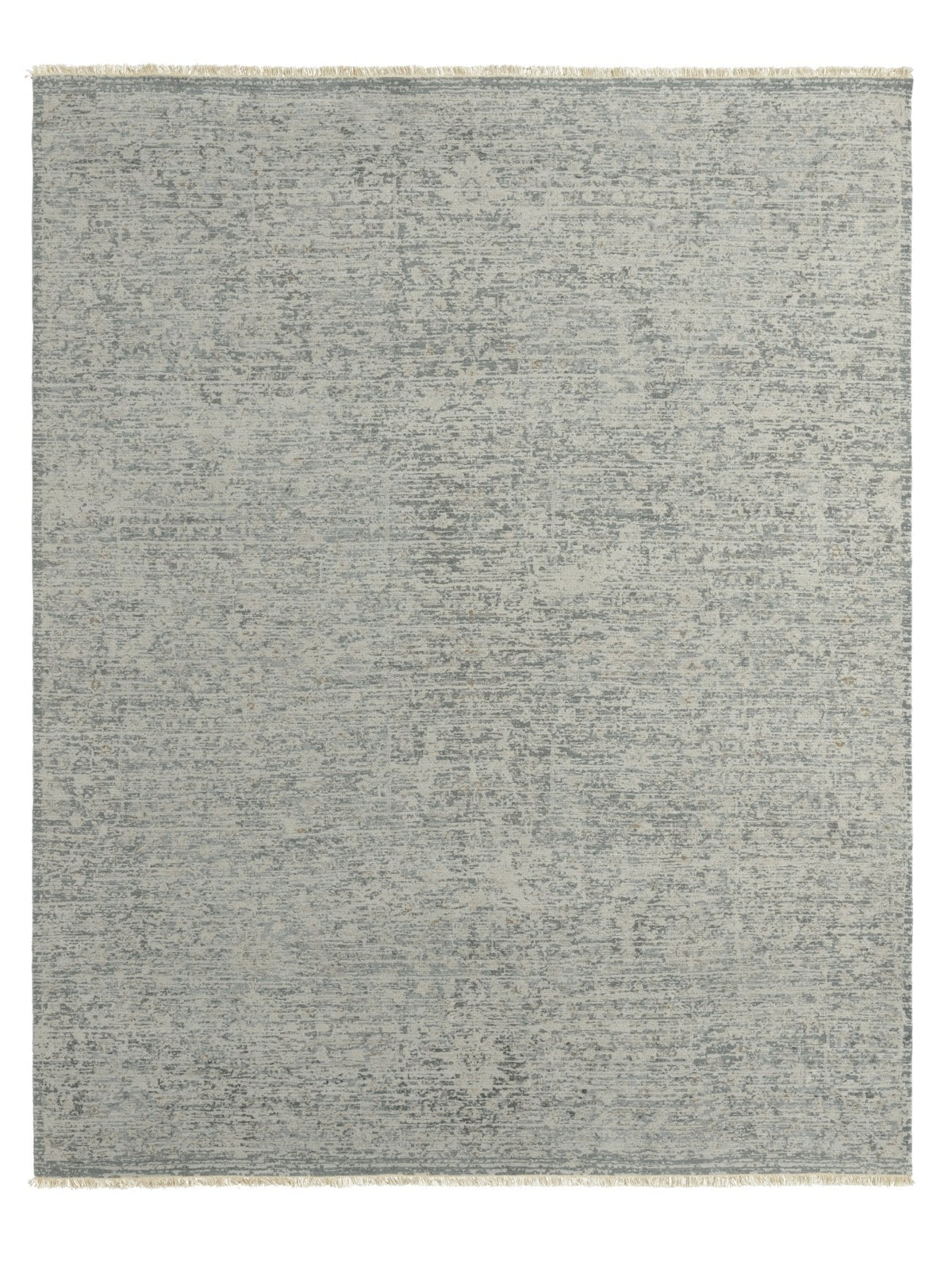 Armadillo Minuet Rug in Skylark, overhead view of the hand-knotted clipped wool weave and edge finish