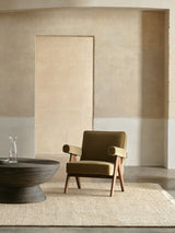 Armadillo Mojave Rug in Cashew, overhead view of the hand-knotted jute weave and edge finish