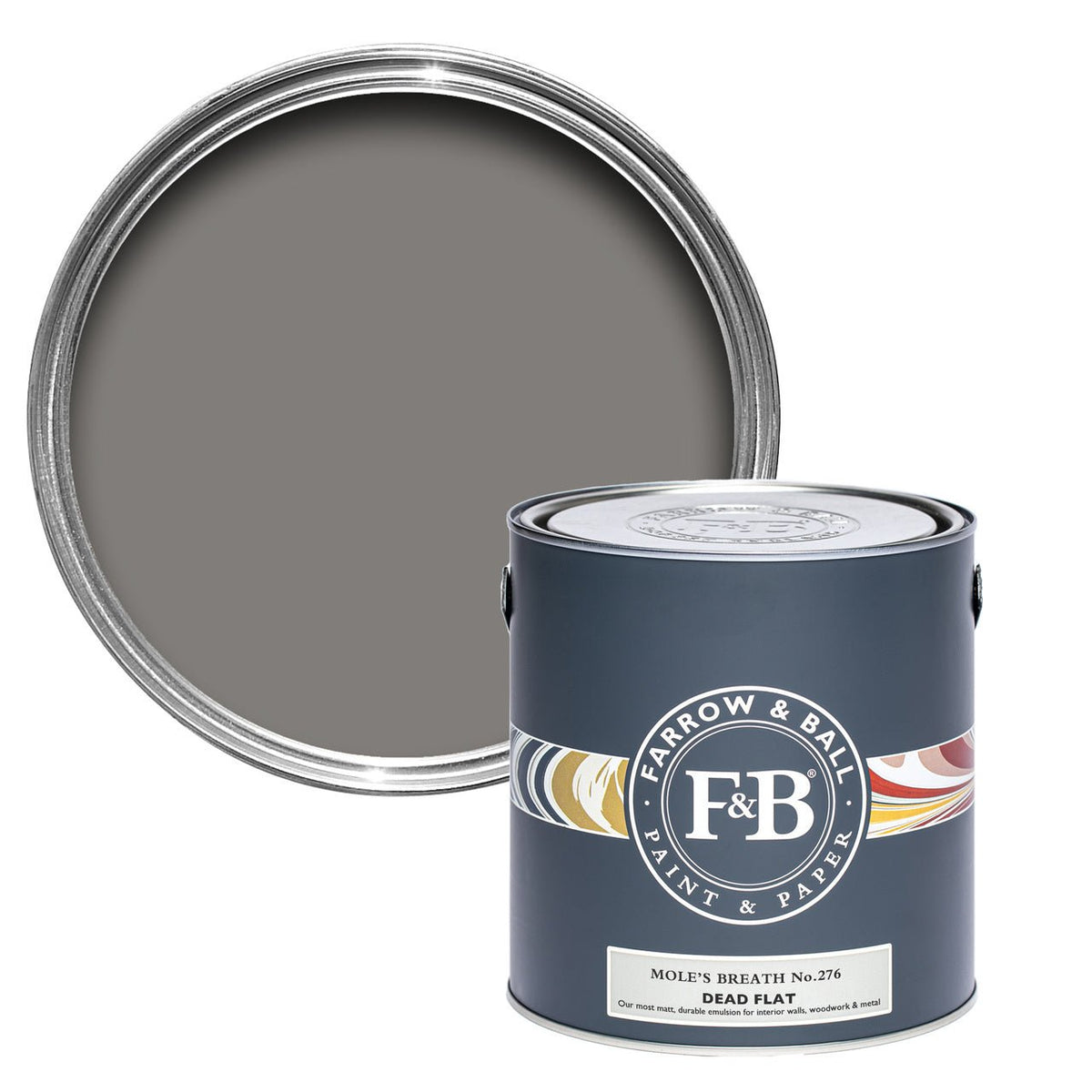 Farrow & Ball Mole's Breath No.276 paint tin and color swatch