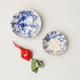Hand-thrown Italian terra cotta dipping dishes in blue splatter glaze
