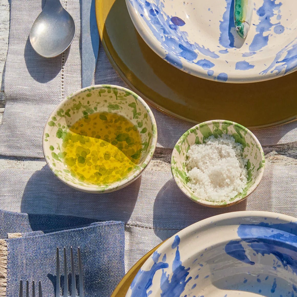 Montegranaro Splatterware Oil & Salt Dish Set - Green