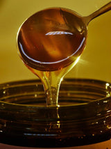 A brass ladle pours a glistening stream of Flamingo Estate Morita Chile honey into a wide jar in a richly backlit, golden-hued shot.