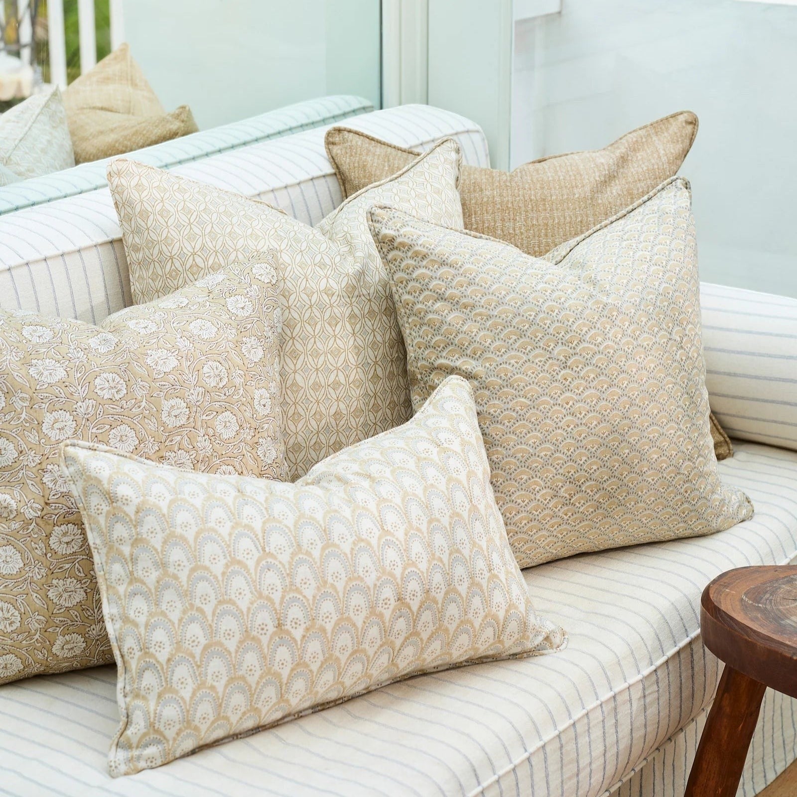 Walter G Naples Elm decorative pillow with scalloped block-print pattern, piped edges, and premium feather insert.