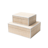 Natural Raffia Box with Leather Trim front view showing woven raffia texture and leather edge