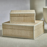 Natural Raffia Box with Leather Trim styled on a shelf or console