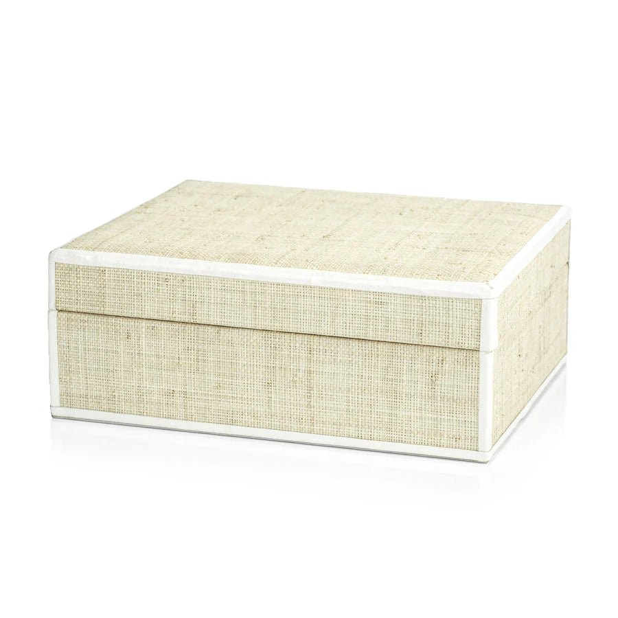 Natural Raffia Box with Leather Trim large size styled in a room setting