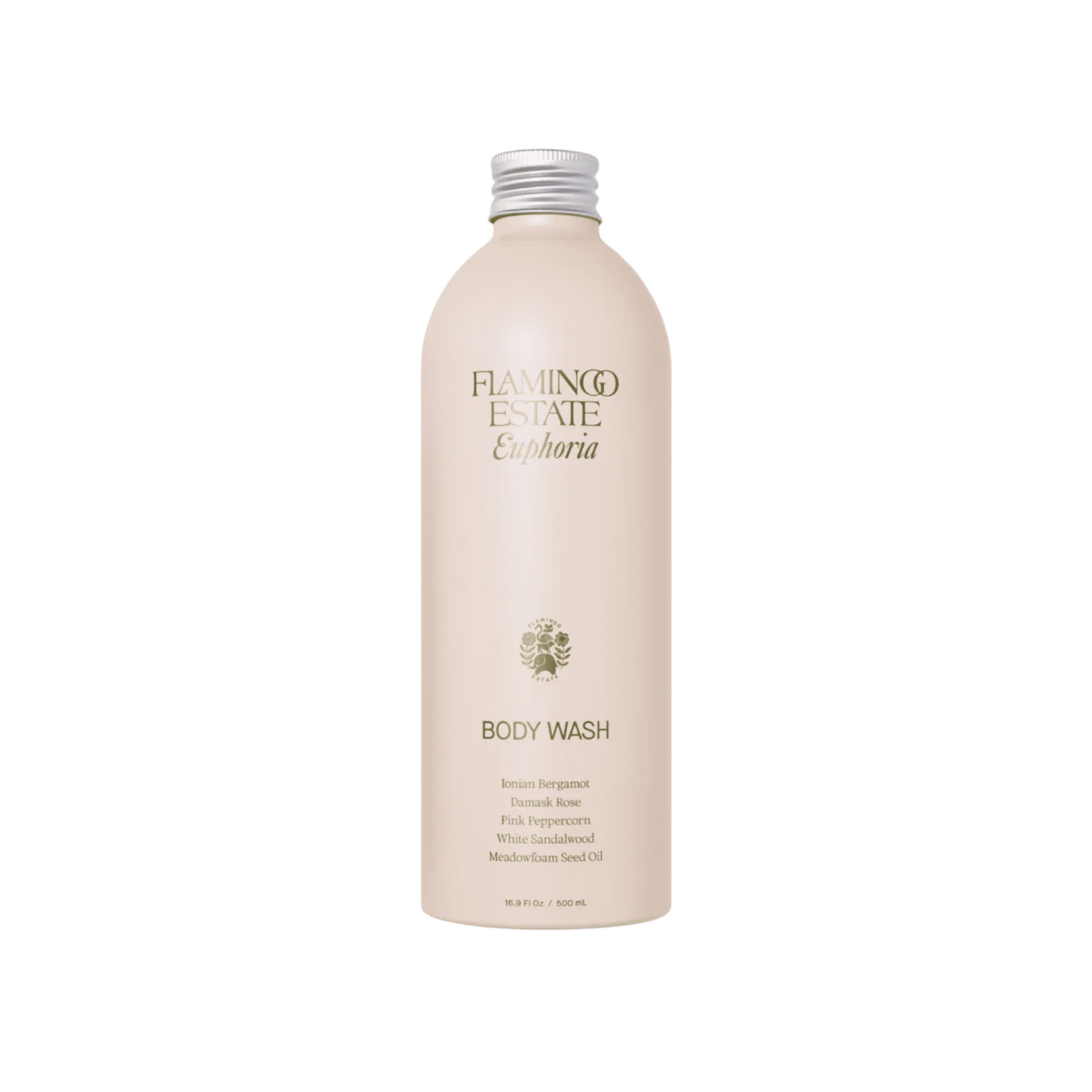 A cream aluminum Flamingo Estate Euphoria Body Wash bottle with silver cap and floral botanicals label sits on a white background, ready for the shower.