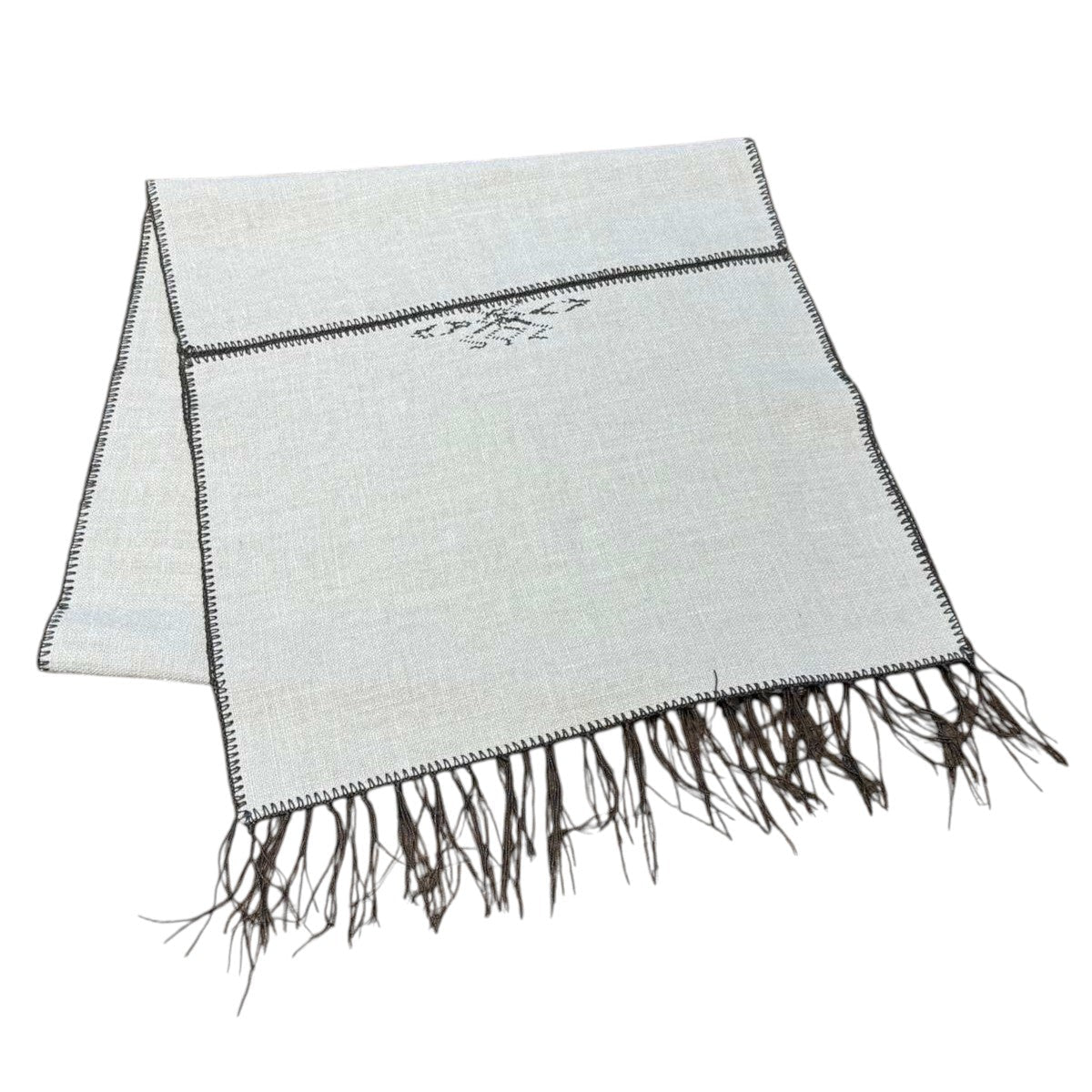 Noa Cream & Chocolate Table Runner by One Bi One — Belgian linen with chocolate wool embroidery and tassels, handcrafted in Gothenburg, Sweden