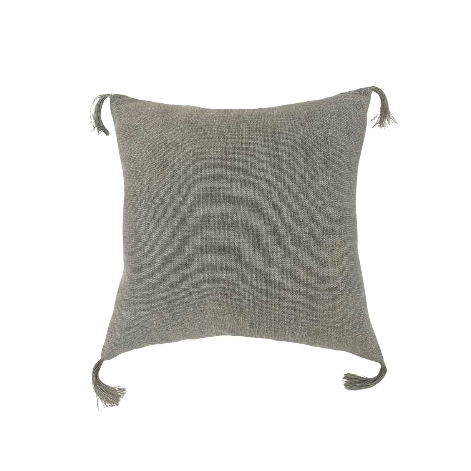 Naia Graphite Pillow by One Bi One — soft gray Belgian linen with hand-tied corner tassels, 16 × 16 in, handcrafted in Gothenburg, Sweden