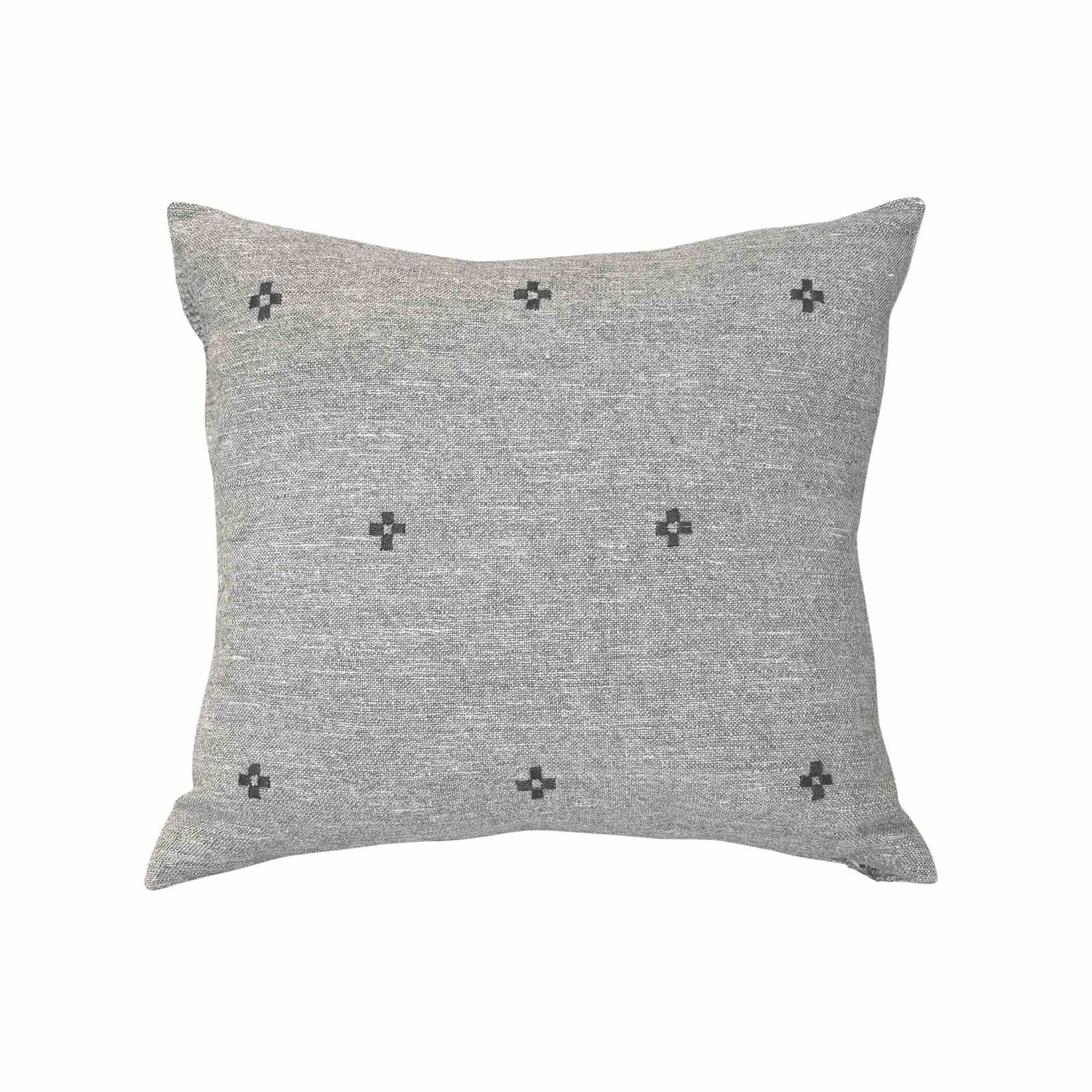 Isak Gray Pillow by One Bi One — Belgian linen with wool cross embroidery, 18 × 17 in, handcrafted in Gothenburg, Sweden